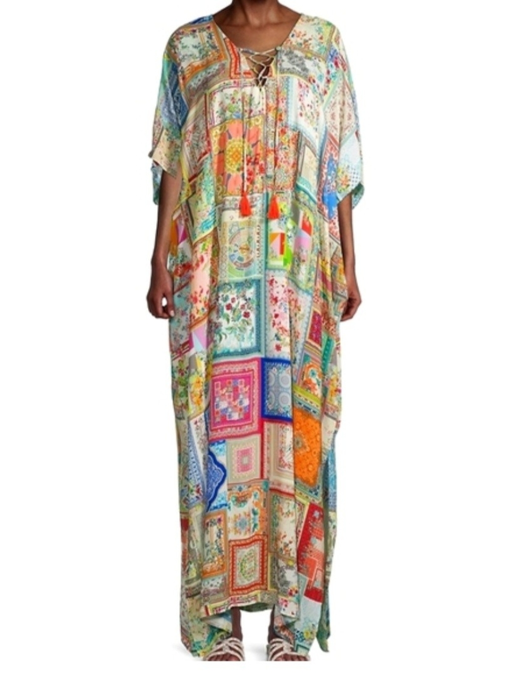 JOHNNY WAS EUC Bella Lace Up Cotton Silk Boho L XL Maxi Kaftan Caftan - Picture 9 of 15